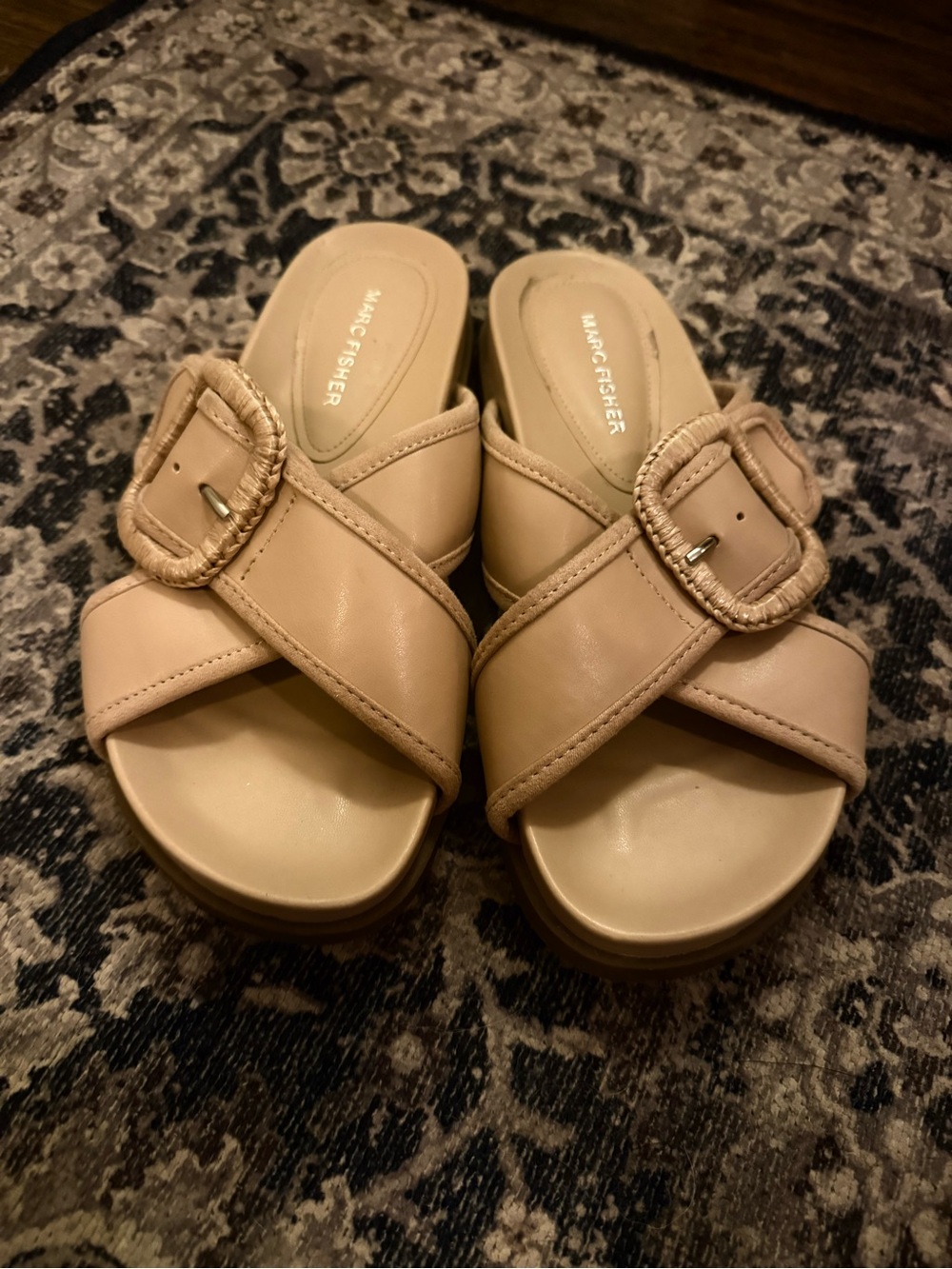 Marc Fisher Beige Crisscross Slide Mules with Woven Buckle